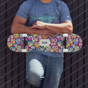 Eulen-Gesichter Vögel Collage-Muster Monogramm Spo Skateboard