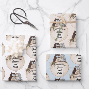 Eulen Hochzeitsglückwünsche Namen hinzufügen Süß 3 Geschenkpapier Set