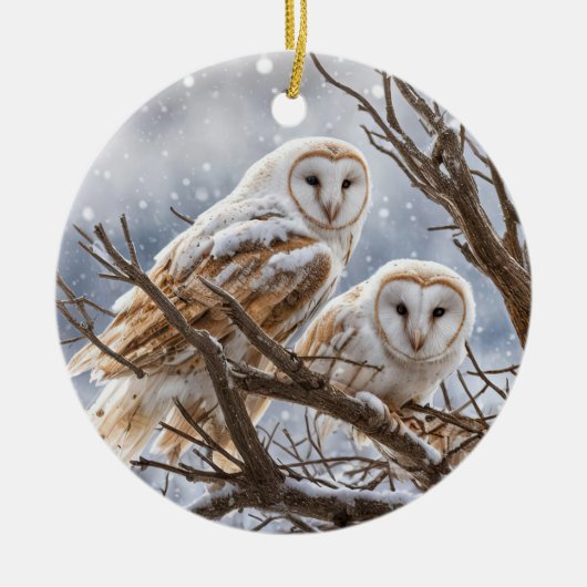 Eulen im Schnee Winter Weihnachten Keramik Ornament (Vorne)