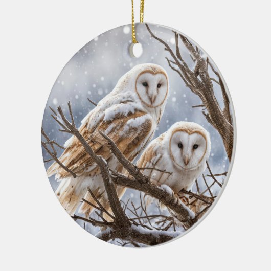 Eulen im Schnee Winter Weihnachten Keramik Ornament (Links)