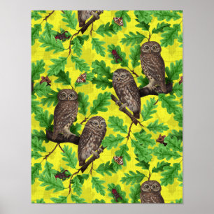 Eulen im Wald auf zitronengelb Poster
