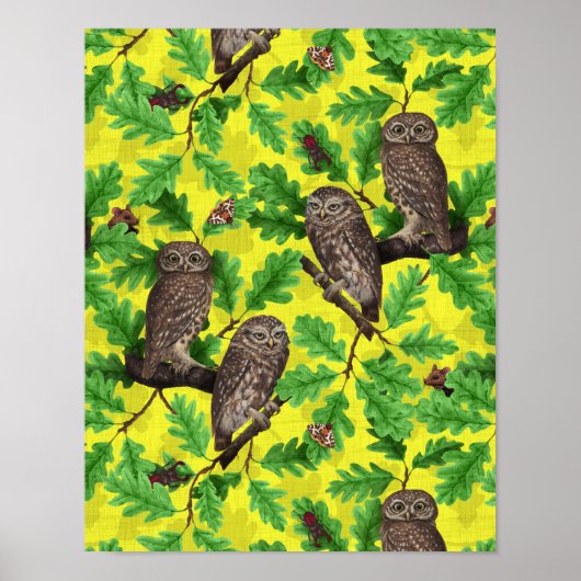 Eulen im Wald auf zitronengelb Poster (Vorne)