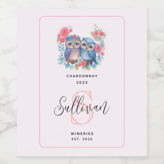 Eulen in der Liebe Auf einem Baumzweig Weinkultur Weinetikett (Einzelnes Label)