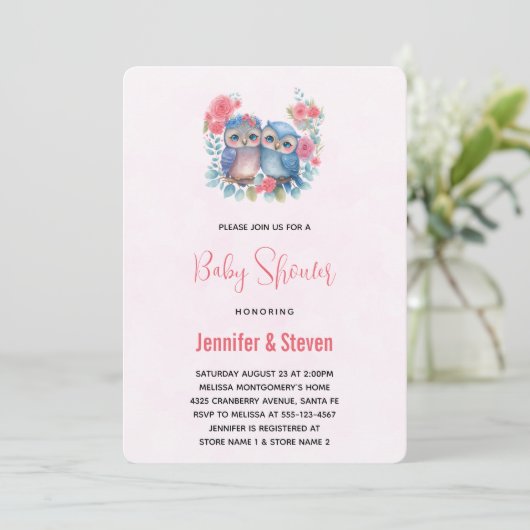 Eulen in der Liebe auf einer Baumzweig-Babydusche Einladung (Stehend Vorderseite)