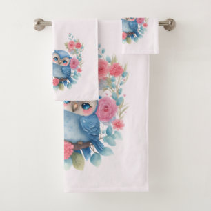 Eulen in der Liebe auf einer Baumzweigung Badhandtuch Set