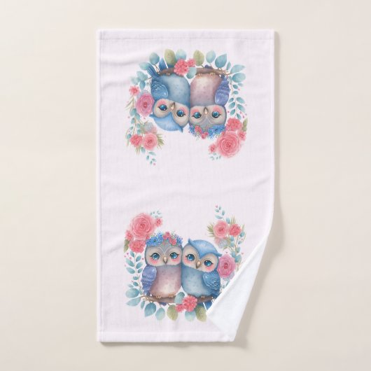 Eulen in der Liebe auf einer Baumzweigung Badhandtuch Set (Handtuch)