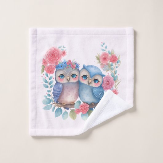Eulen in der Liebe auf einer Baumzweigung Badhandtuch Set (Waschlappen)
