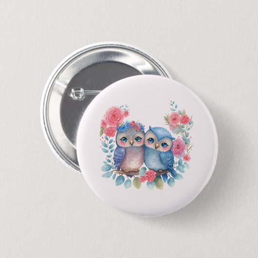 Eulen in der Liebe auf einer Baumzweigung Button (Vorne & Hinten)
