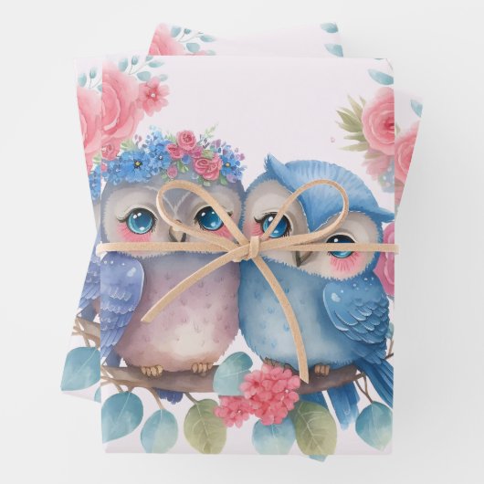 Eulen in der Liebe auf einer Baumzweigung Geschenkpapier Set (Beispiel)