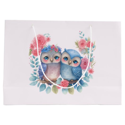 Eulen in der Liebe auf einer Baumzweigung Große Geschenktüte (Rückseite)