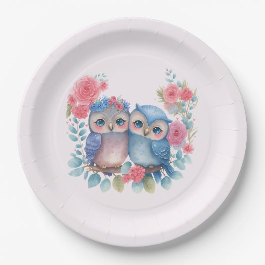 Eulen in der Liebe auf einer Baumzweigung Pappteller (Vorderseite)