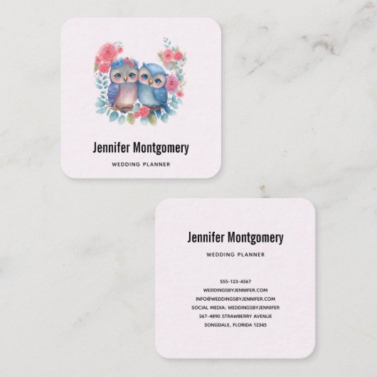 Eulen in der Liebe auf einer Baumzweigung Quadratische Visitenkarte (Vorne/Hinten)