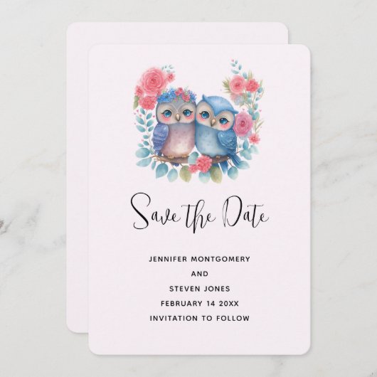 Eulen in der Liebe auf einer Baumzweigung Save The Date (Vorne/Hinten)