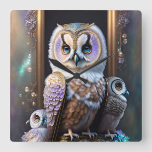 Eulen in Pastelllavender Quadratische Wanduhr