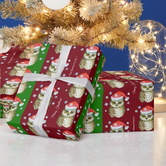 Eulen in Weihnachtsmannmützen Weihnachtsmuster, Ro Geschenkpapier (Feiertage)