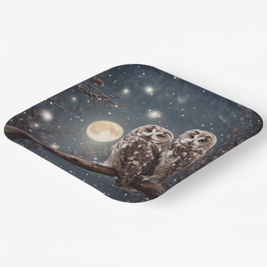 Eulen mit Vollmond Pappteller (Gewinkelt)