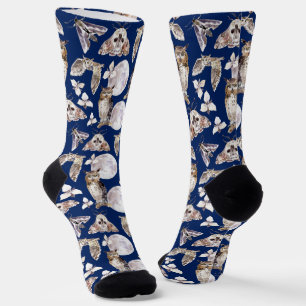 Eulen Motten Vollmond auf dunkelblau Socken