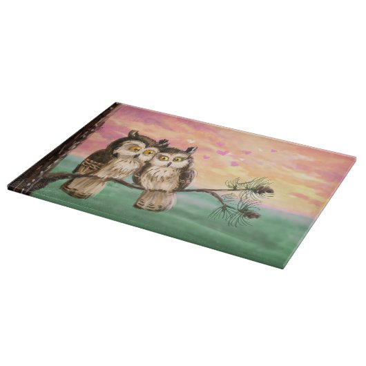 Eulen Paar Liebe niedlicher Sonnenuntergang Schneidebrett (Ecke)