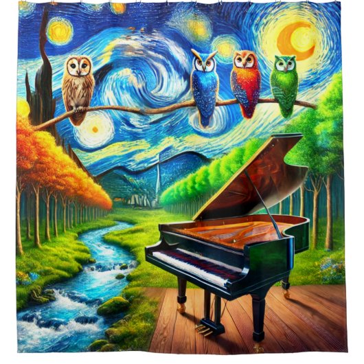 Eulen und ein Piano Duschvorhang (Vorderseite)