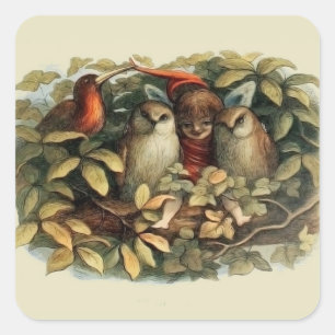 Eulen und Elfen Feen Naturillustration Quadratischer Aufkleber