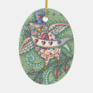 EULEN UND HERZEN EULEN VALENTINSORNAMENT Oval Keramikornament