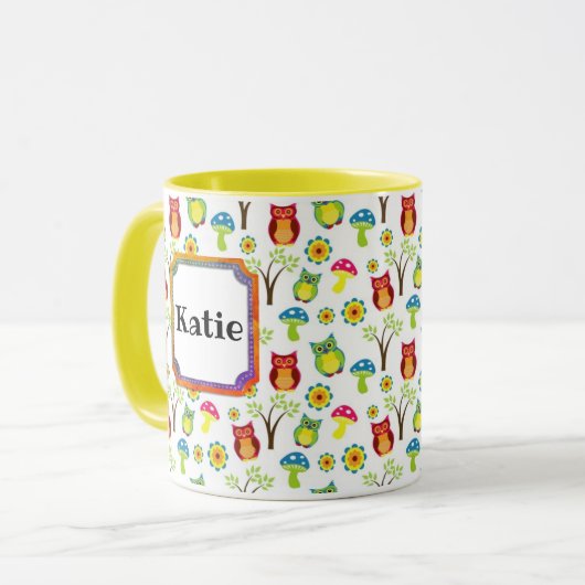 Eulen und Pilze Niedlich Name des Retro Tasse (Vorderseite Links)