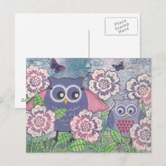 Eulen unter Blume Postkarte (Vorne/Hinten)