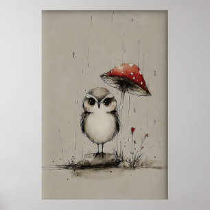 Eulen unter Pilz-Druckkunst, Frühlingszeichnung Poster
