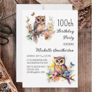 Eulengeburtstagsblumen Schmetterlinge 100. Geburts Einladung