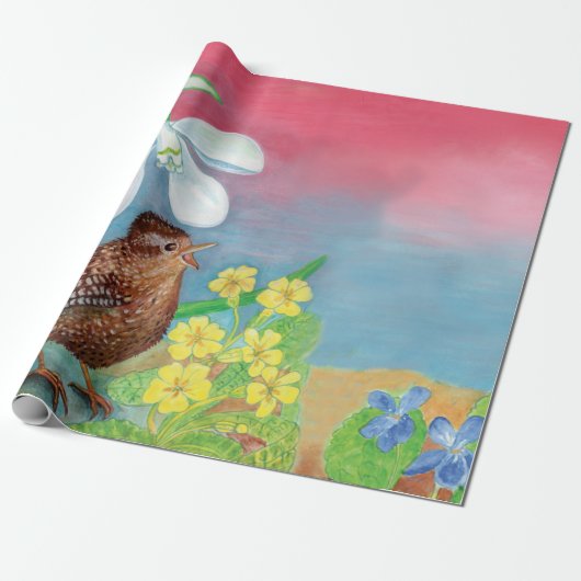 Eurasische Wren & Snowdrop & Primroses Geschenkpapier (Ungerollt)