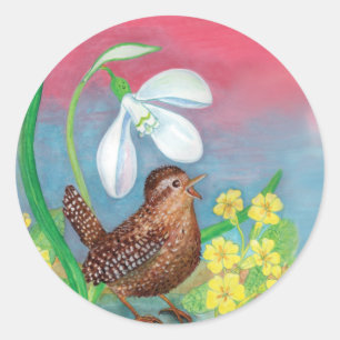 Eurasische Wren & Snowdrop & Primroses Runder Aufkleber