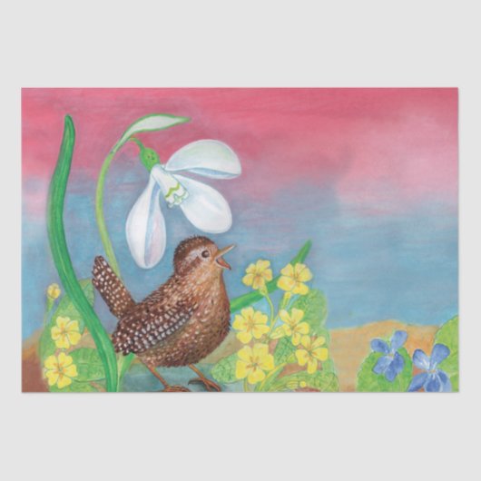 Eurasische Wren & Snowdrop & Primroses Seidenpapier (Vorderseite)