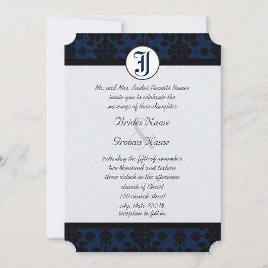 Eure Foto Navy & Black Damask Hochzeit Einladung (Vorderseite)
