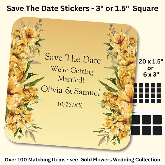 Eure Namen, Save The Date, goldgelbe Blumen Quadratischer Aufkleber