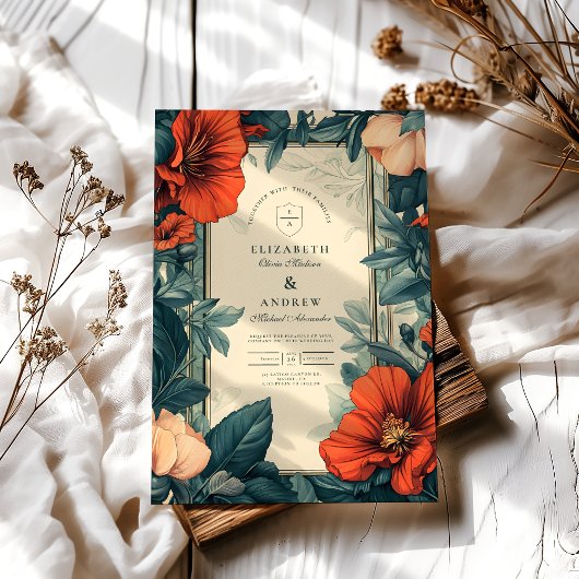 Europäische Blumenhochzeit im Jugendstil Einladung