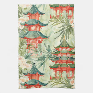 Europäische Chinoiserie-Pagodenwald-Wasserfarbe Geschirrtuch