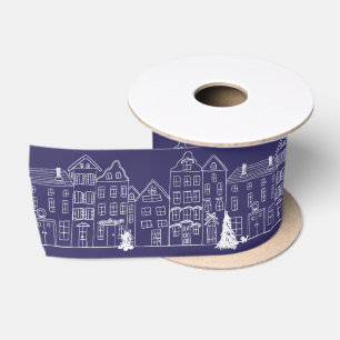 Europäische Dorfhäuser zu Weihnachten weiß/blau Satinband