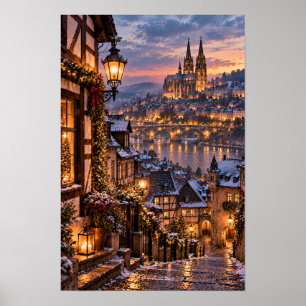 Europäische Kathedrale am Flussufer Winter Sonnenu Poster