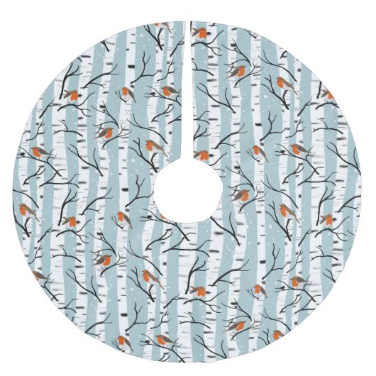 Europäische Robins auf Silberzange im Schnee blau Polyester Weihnachtsbaumdecke (Vorderseite)