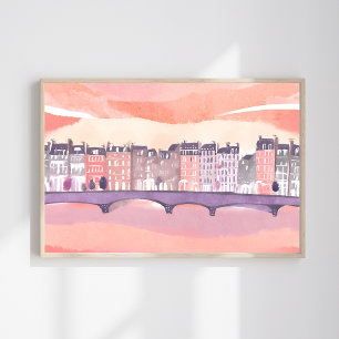 Europäische Stadt Sonnenuntergang   Aquarell Poster