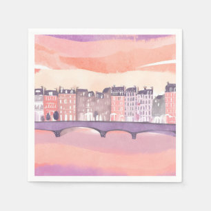 Europäische Stadt Sonnenuntergang   Aquarell Serviette