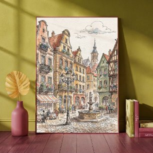Europäischer Altstadtplatz Wasserfarben Architektu Poster