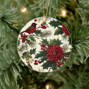 Europäischer Weihnachts-Poinsettie-Creme Rot Grün Keramik Ornament