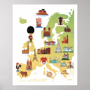 European Cartoon Map Poster