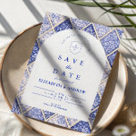 European Delft Tile Wedding Save The Date<br><div class="desc">A timeless blue and white design inspired by classic Delft porcelain and French toile patterns. The patchwork tile border combines delicate florals, stripes, and ornamental motifs that evoke vintage European ceramics. A soft arched panel in the center keeps the layout refined and elegant while allowing the details of the porcelain-inspired...</div>