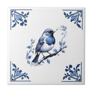 European Robin Bird Delft Blue White Floral Corner Fliese