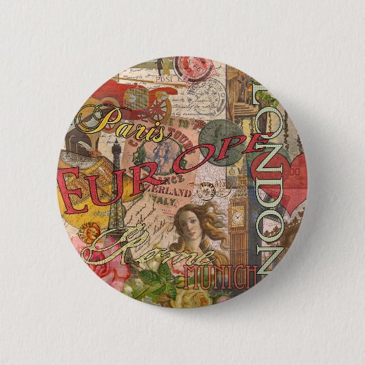 European Travel Print Art London Rom Paris Button (Vorderseite)