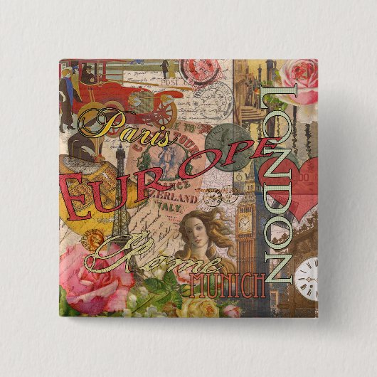 European Travel Print Art London Rom Paris Button (Vorderseite)