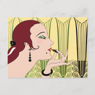 Eva, Art Deco Lady in Gelb und Olive Postkarte