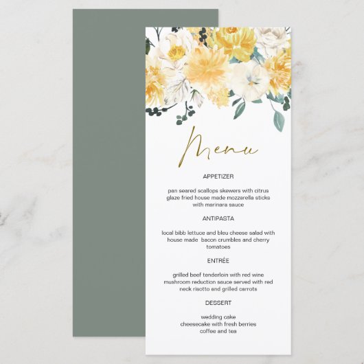 EVA Yellow Watercolor Spring Garden Floral Menükarte (Vorne/Hinten)